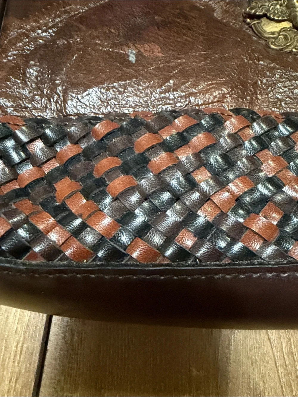 Vintage Sharif Brown Braided Leather Shoulder Bag with Gold Emblem